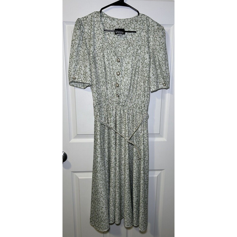 Whirlaway Frocks Vintage Women’s Short Sleeve Belted Floral Dress Green Size 10